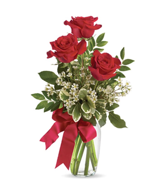 Thoughts on You Rose - Deluxe rose bud vase featuring three beautiful roses, assorted greenery, and tiny accent blossoms, too. A wonderful way to say 'Thinking of You,' Love you" Available in a variety of popular rose colors.
