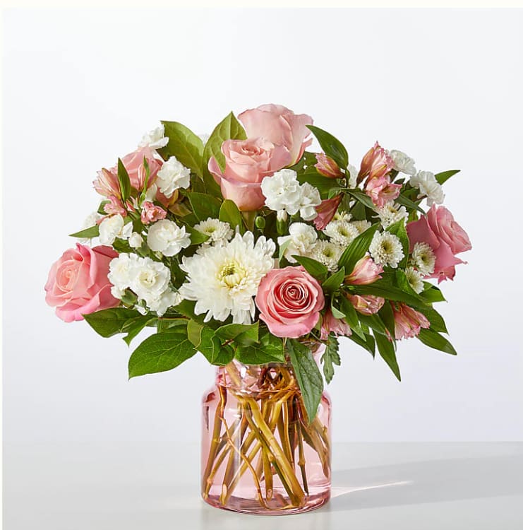 Infatuated Bouquet - Your recipient will be falling for these blushing alstroemeria and white mums, a beautiful way to share a Valentine wish, birthday delight, or gentle remembrance. FTD Desing