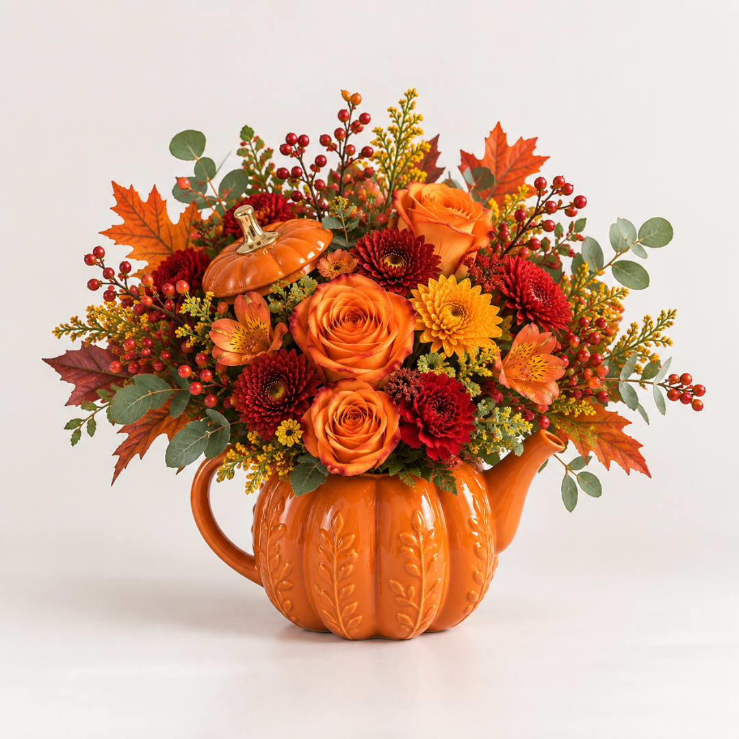 Orange and red floral arrangement in a pumpkin-shaped teapot vase