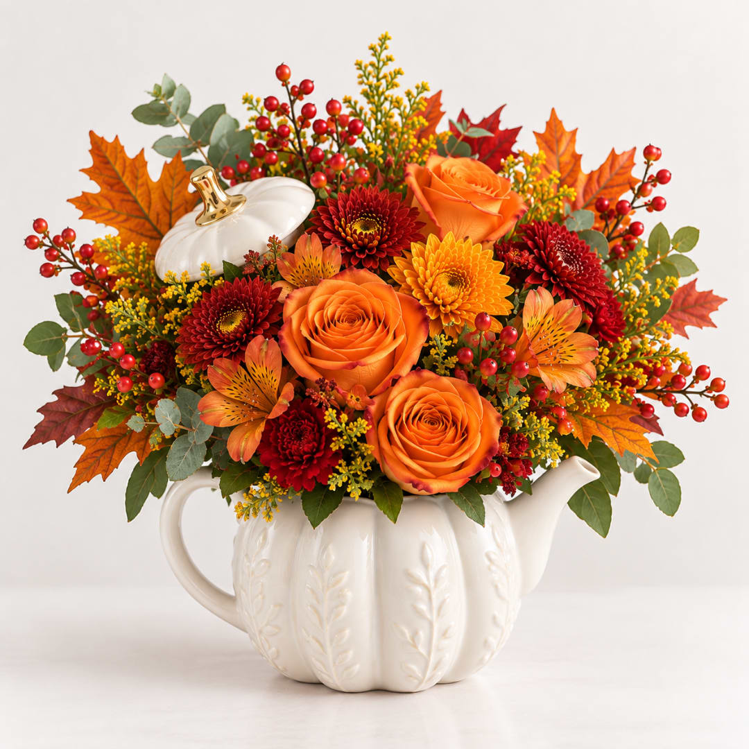 Autumn floral arrangement in a white pumpkin-shaped vase with orange and red blooms