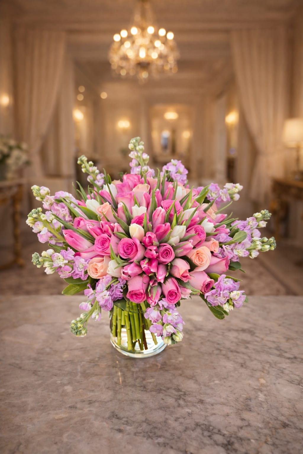 Susurro de Primavera - Es un ramo elabotrado con 35 rosas color rosado, 35 tulipanes y 12 alheli.. completados a mano y puesto en un florero transparente.