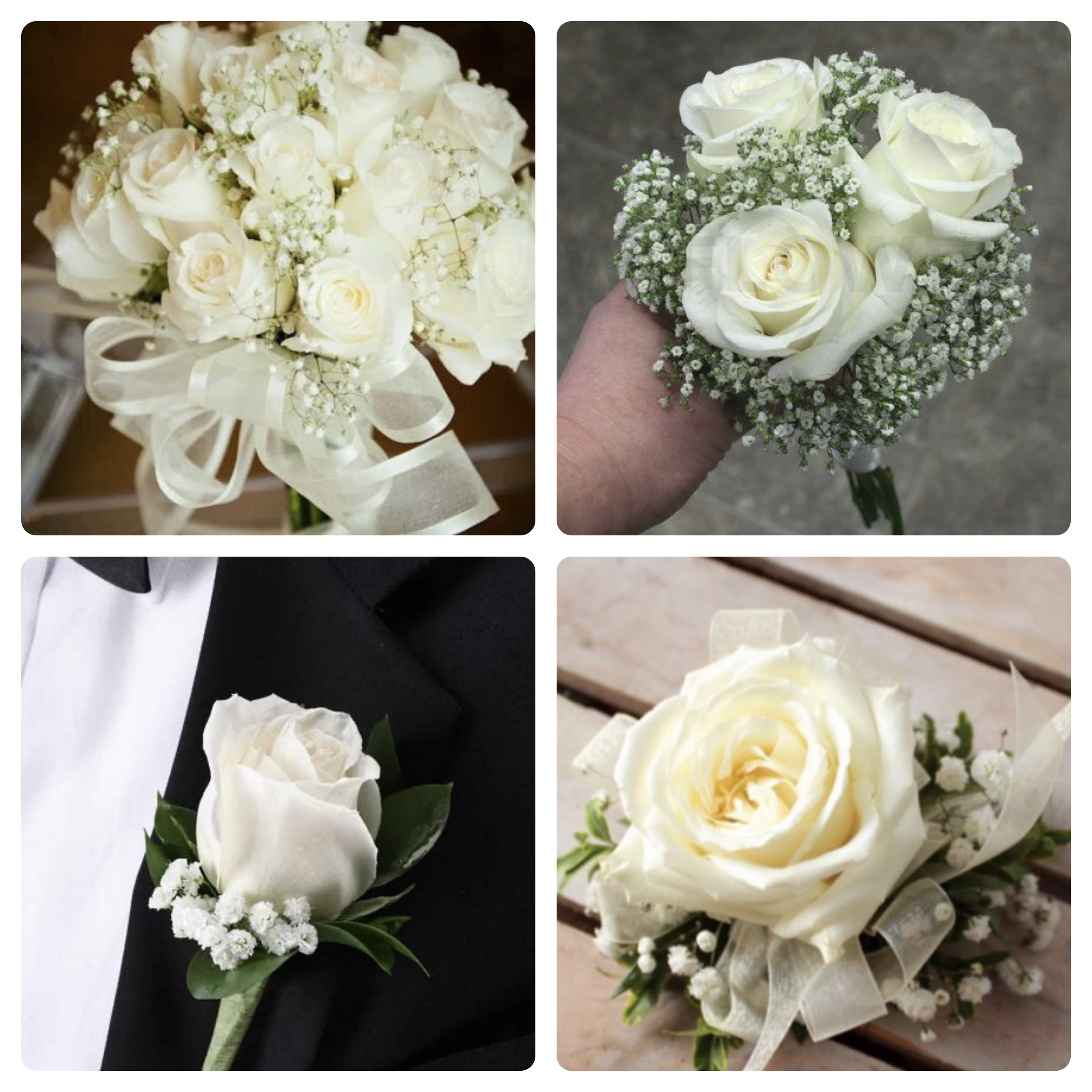 White rose bouquet and boutonniere with baby's breath and ribbon