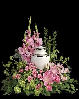 Sacred Solace Cremation Tribute - This pretty arrangement includes miniature hydrangeas, pink spray roses, pink asiatic lilies, alstroemeria , carnations and more