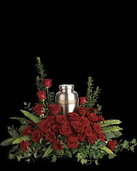 Forever in our hearts cremation tribute - An elegant tribute to a rich , radiant life, this breathtaking bouquet of resplendent red roses and delicate greenery