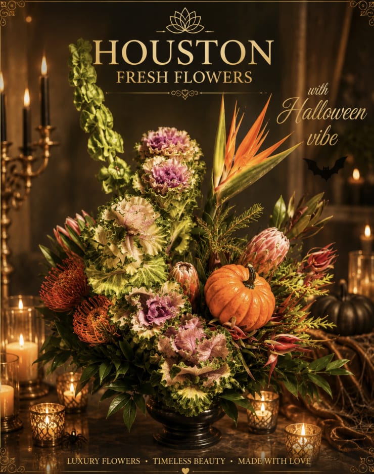 Exotic Tropical Fusion  - Bold, theatrical and distinctly seasonal, this Exotic Fusion flower arrangement makes a memorable statement for Thanksgiving, a housewarming or a just-because surprise. The design reads like a sculptural centerpiece-orange bird-of-paradise and tropical spikes soar beside pink protea and layered ornamental kale-so the person you're thinking of will feel genuinely celebrated by its dramatic presence. With a subtle Halloween edge, it also works as a moody accent for autumn gatherings without feeling limited to one holiday.