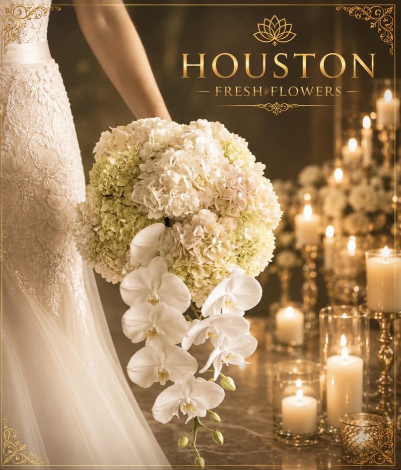 Bridal - This is luxurious cascading bridal bouquet, designed with sophistication and flowing elegance. An exquisite choice for formal weddings, especially when paired with classic gowns or elegant venue. 