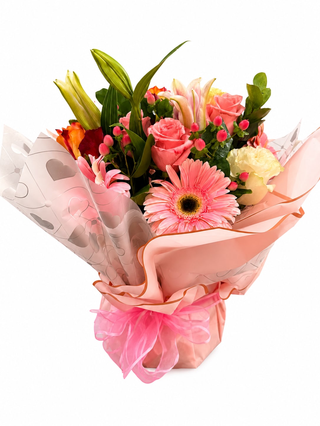Pink and peach mixed bouquet with roses, lilies, and a gerbera daisy in pink wrap