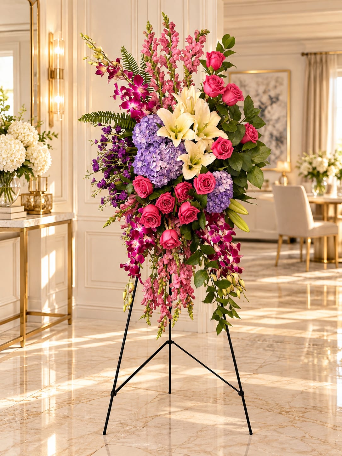 Tall standing floral spray with pink roses, lilies, orchids, and hydrangeas