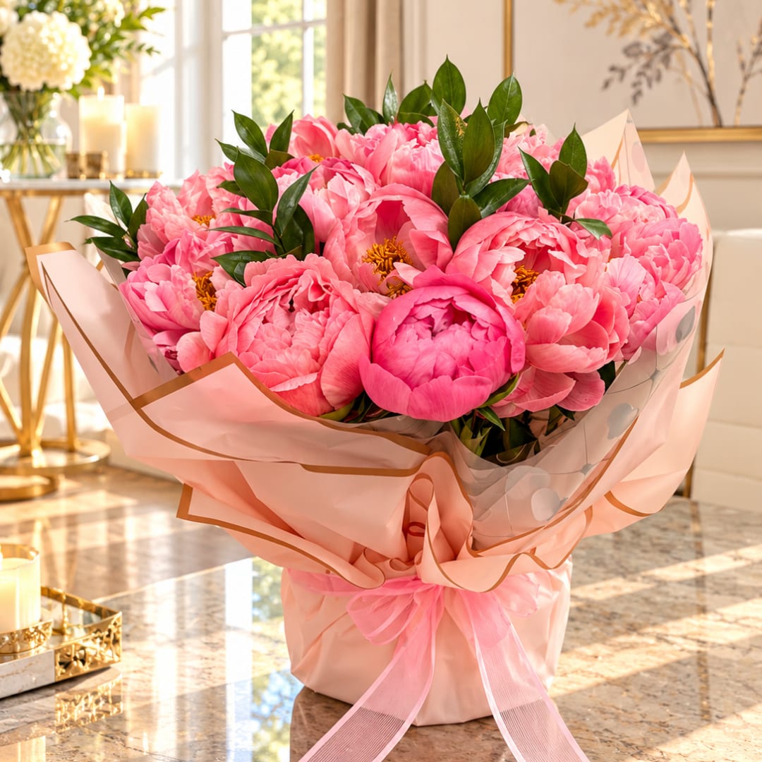 Pink peony bouquet wrapped in blush paper with a ribbon