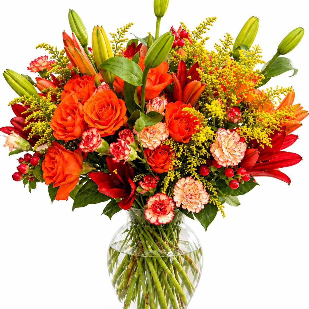 Orange roses and lilies in a clear glass vase