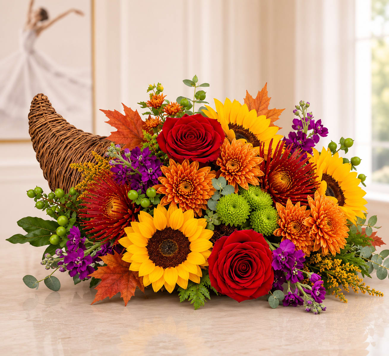 Golden Cornucopia - This vibrant cornucopia bursts with the abundance and warmth of the harvest season. A woven horn of plenty spills over with glowing sunflowers, fiery orange roses, deep mums, golden daisy, and accents of bright green poms and purple blooms for a beautiful pop of contrast. Lush seasonal greenery completes the design, creating a full, overflowing look that symbolizes gratitude, prosperity, and the richness of autumn. Perfect for Thanksgiving tables, fall gatherings, hostess gifts, or simply bringing the spirit of the season into any home. This arrangement captures everything we love about autumn- warm colors, natural texture, and the feeling of celebration. 