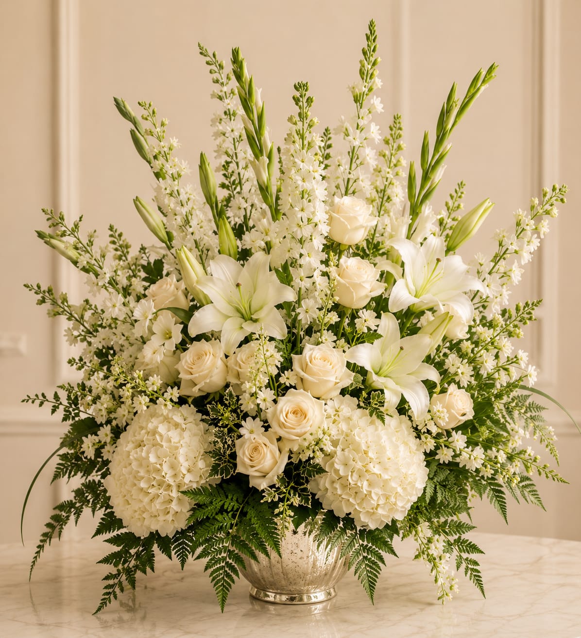 White basket - Beautiful arrangement with white roses, white flowers and greenery.