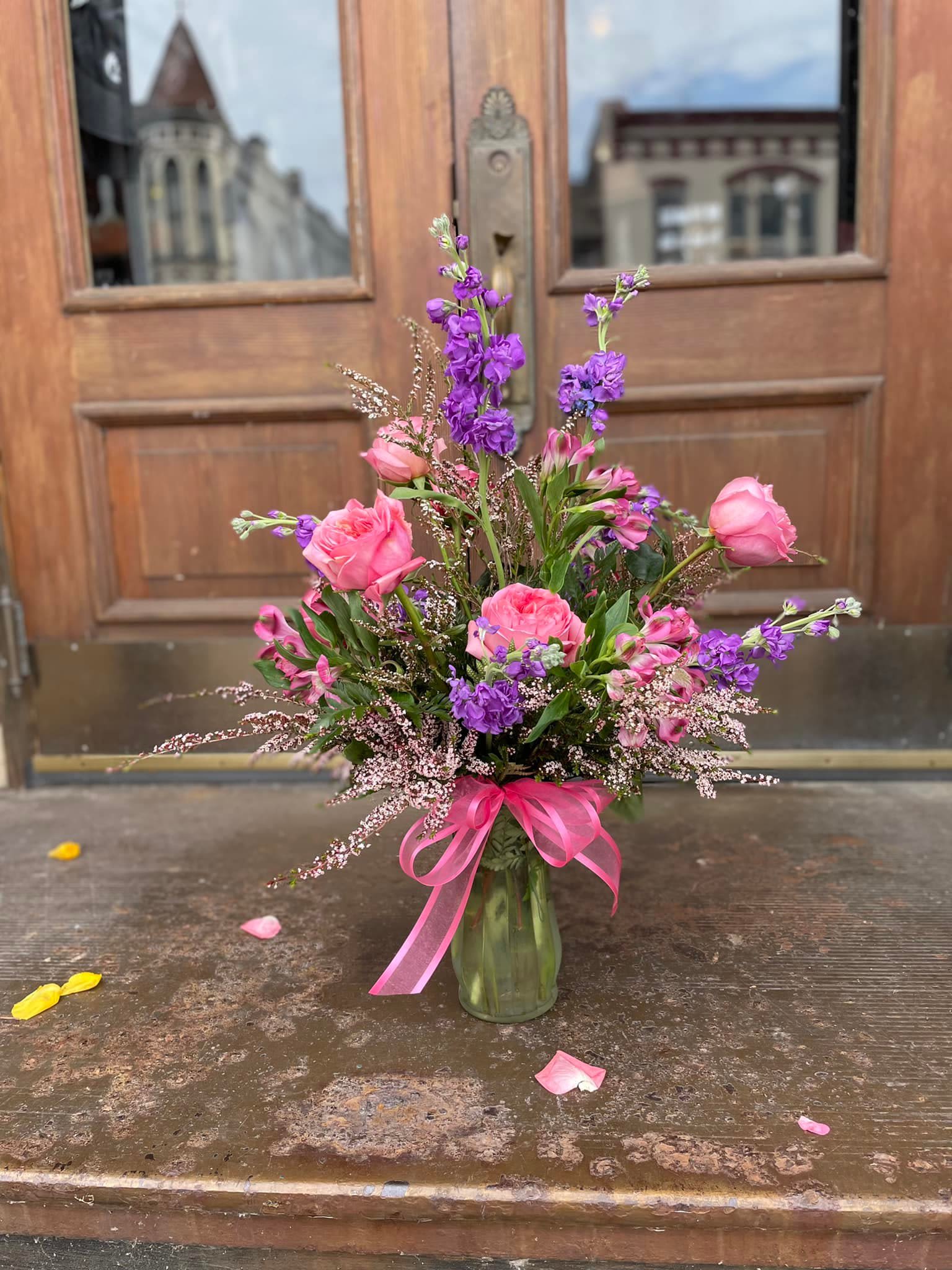 Pink and Purple Delight - Beautiful roses and stock make this both pretty and smell good, too! 