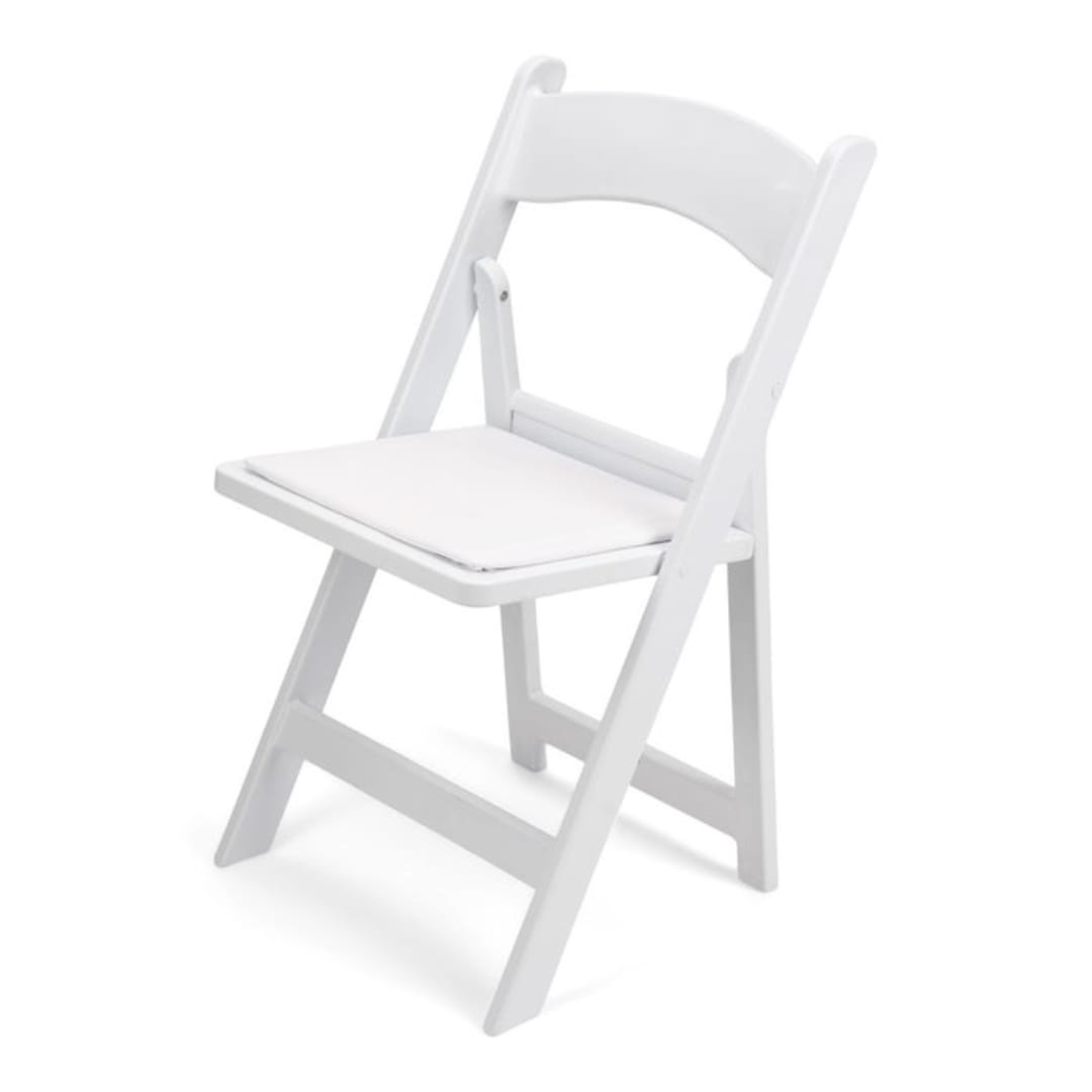 White folding chair on a plain white background