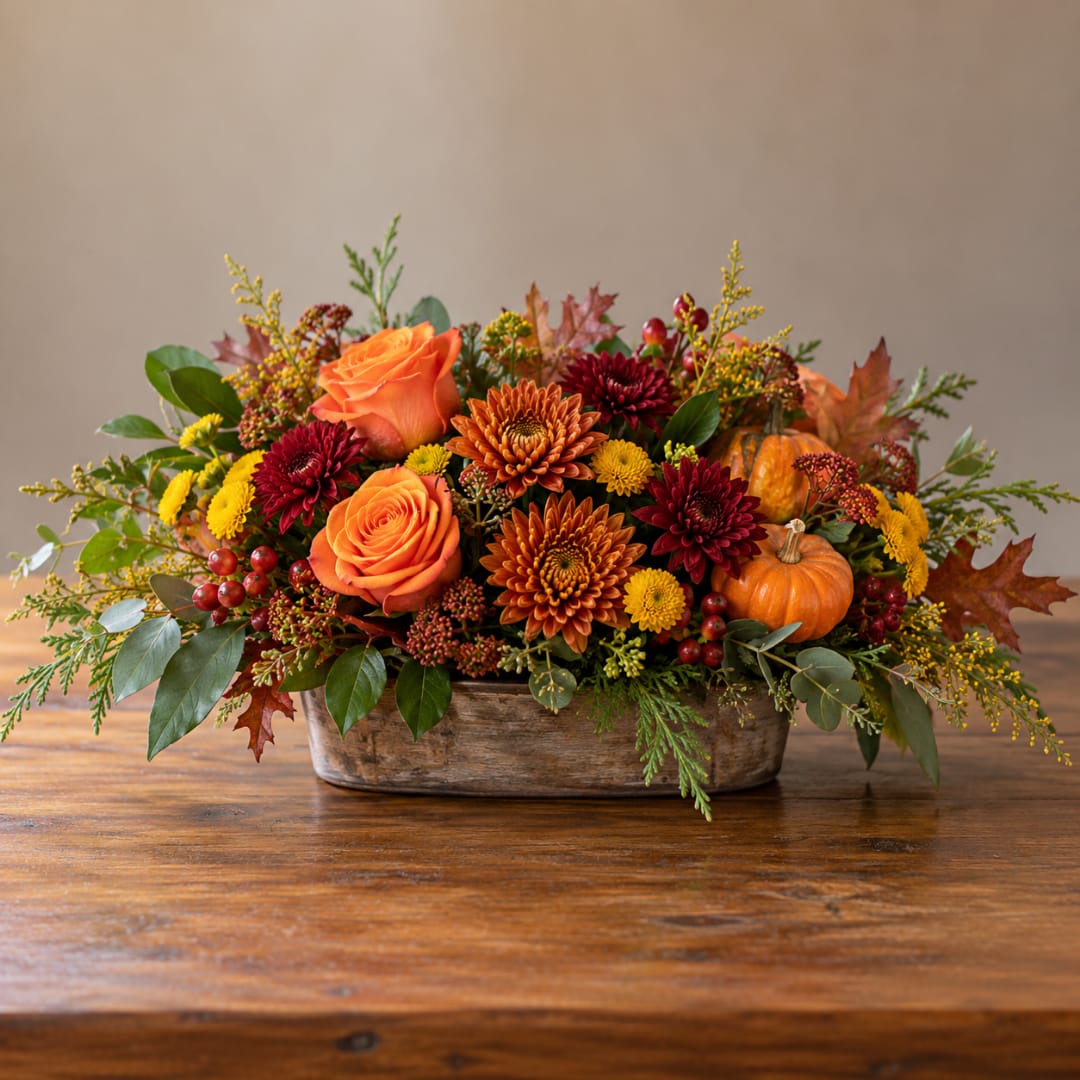 Autumn floral arrangement with orange roses and mums in a wooden container