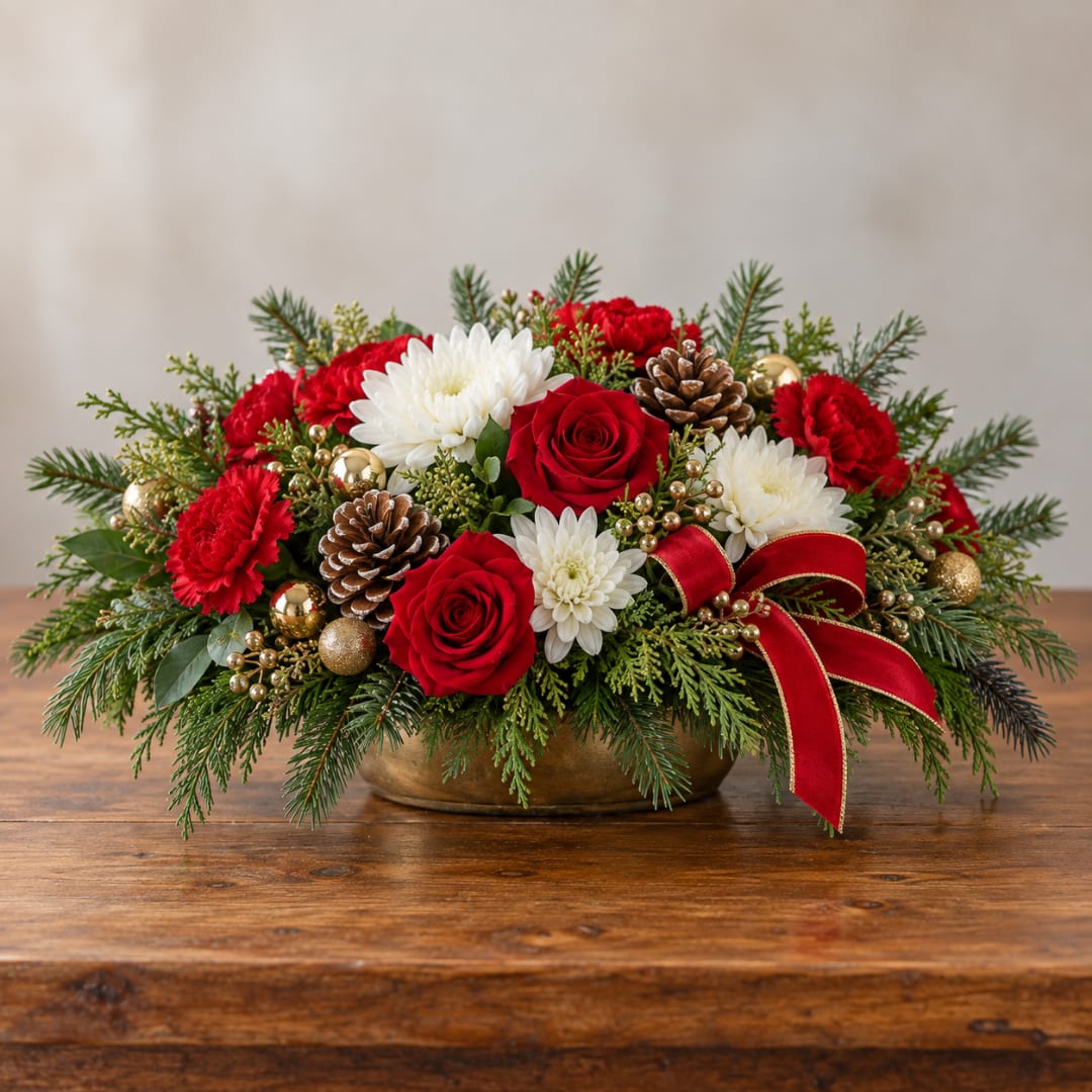 Holiday floral centerpiece with red roses, white blooms, pinecones, and a red ribbon in a gold bowl