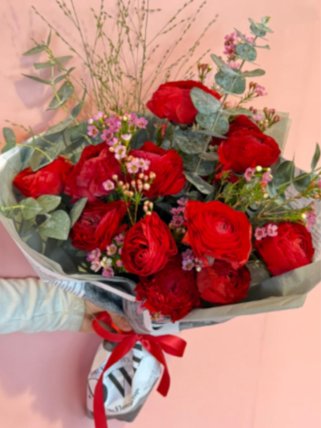 BP72 - Red Ranunculus With Greeneries Bouquet - Red ranunculus with fillers and eucalyptus. Available color : White, pink, red, blush Please indicate your preferred color in the notes.