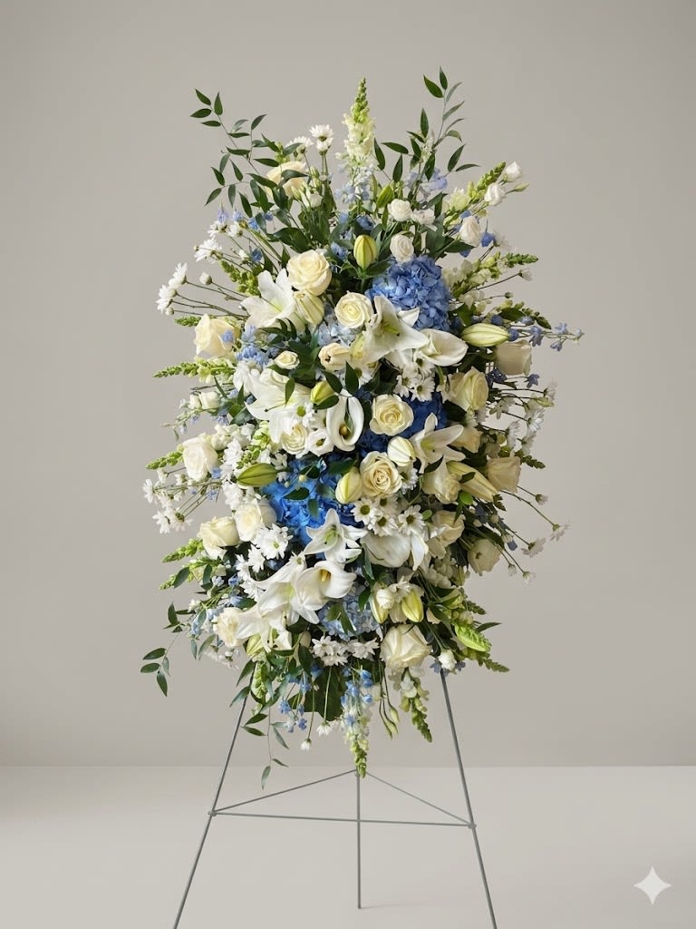 BP129 - Ocean Breeze Tribute - A comforting sympathy spray featuring white lilies, elegant roses, and calming blue hydrangeas, symbolizing peace, purity, and enduring devotion. A serene tribute to honor a beautiful life with grace and tranquility.