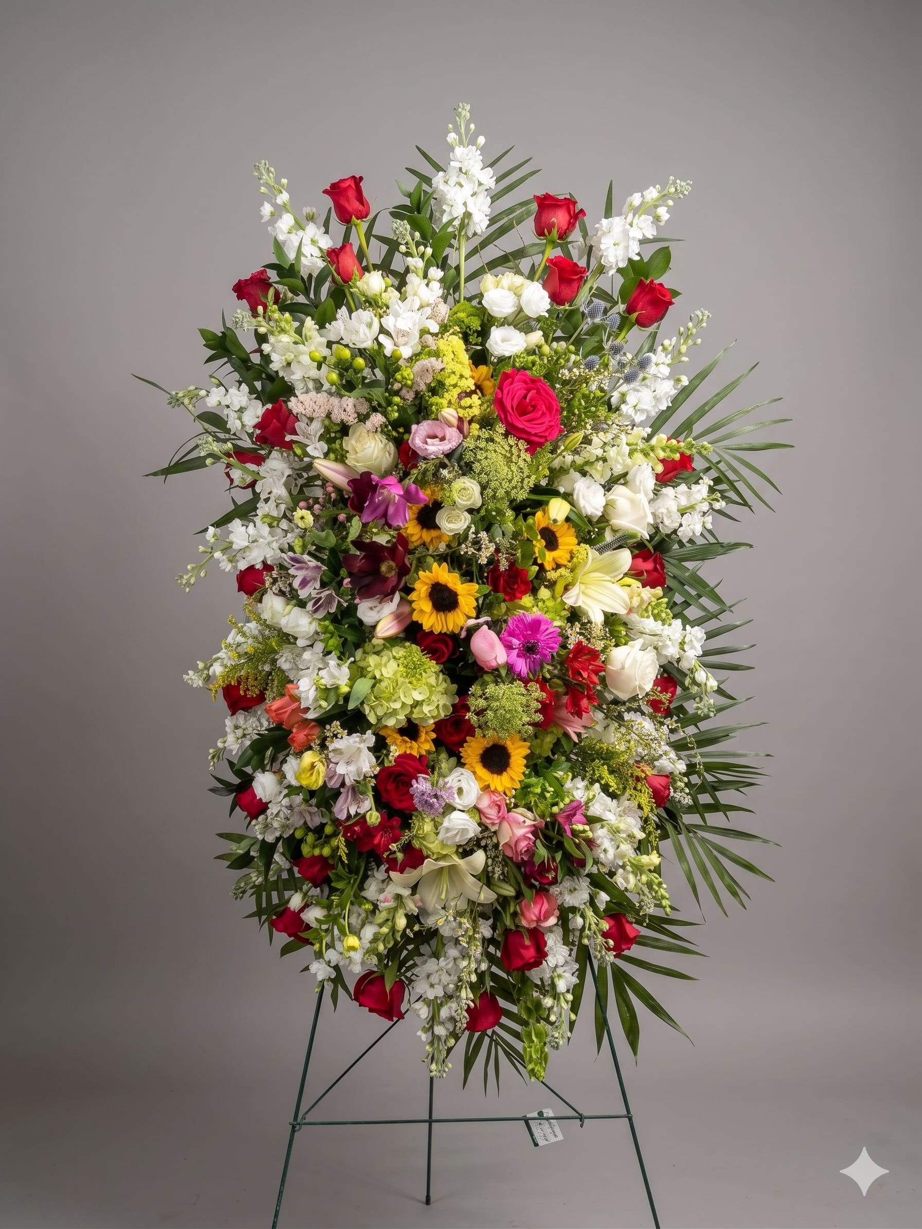 BP9 - Celebration of Life - A vibrant standing spray featuring a graceful mix of colorful blooms, symbolizing a life beautifully lived and dearly remembered. A heartfelt tribute full of warmth, love, and gratitude.