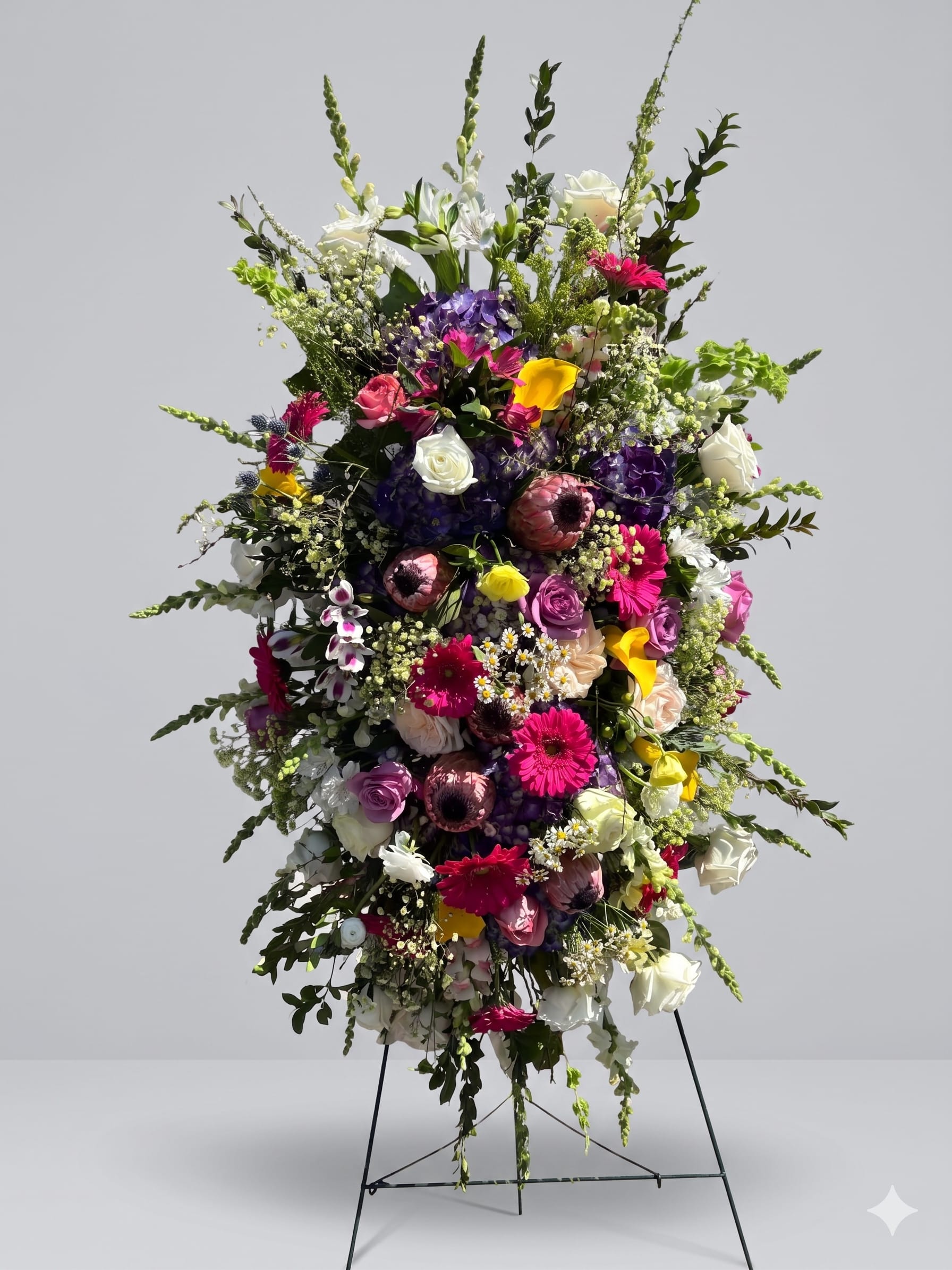 BP97 - Radiant Farewell - A stunning blend of colorful seasonal flowers arranged in a standing spray. This arrangement offers a radiant and uplifting farewell, celebrating a vibrant life with beauty and grace.