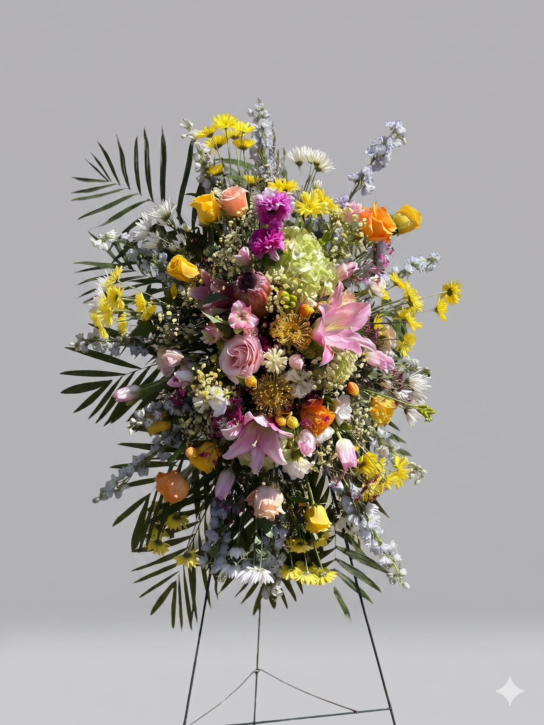 BP89 - Peaceful Reflections - A harmonious spray featuring a graceful mix of calming and colorful flowers. It reflects peace, love, and lasting memories shared with the one we hold dear.