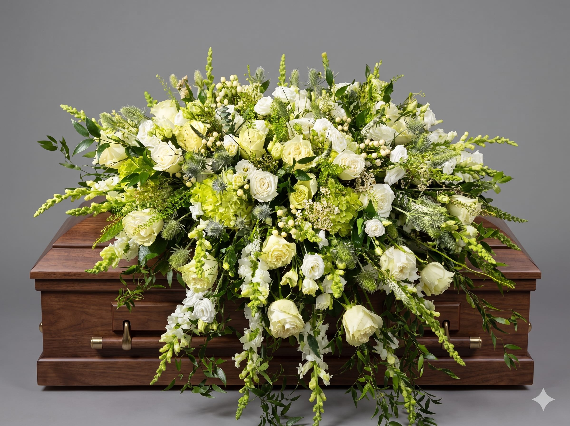 BP86 - Loving Thoughts - Casket spray. Mixed of roses and hydrangeas.