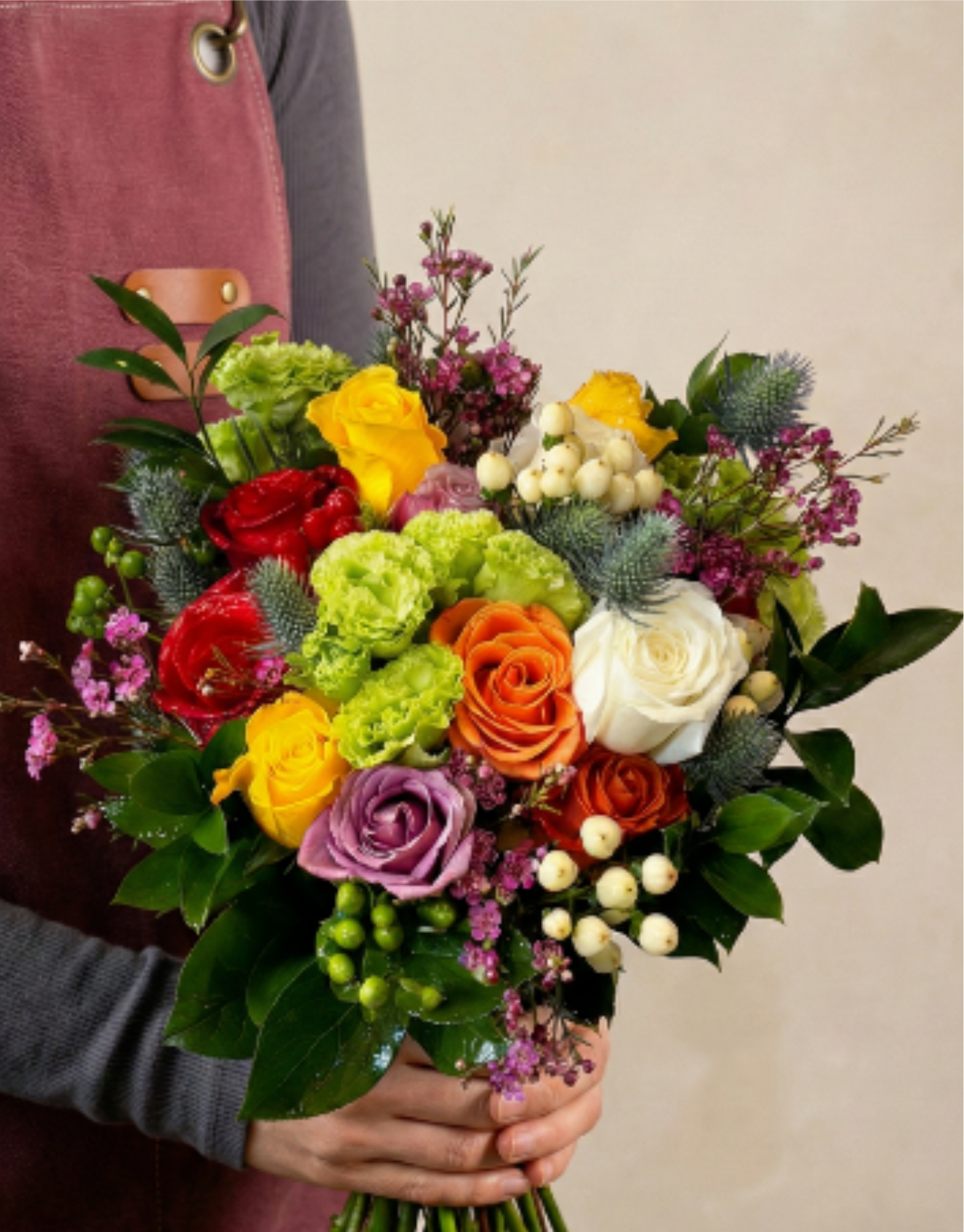 BP70 - Rainbow Rose Bouquet - Rose bouquet with mixed color such as red, orange, yellow etc  * Flowers may depends on market's situation