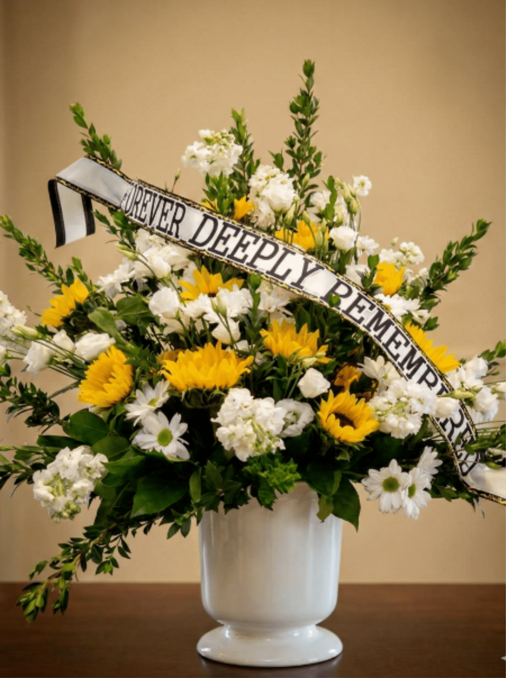 BP73 - Healing Harmony - Funeral basket with white flowers, sunflowers and greenery.  Ribbon is not included in the price.  *Depends on availability flowers may changed
