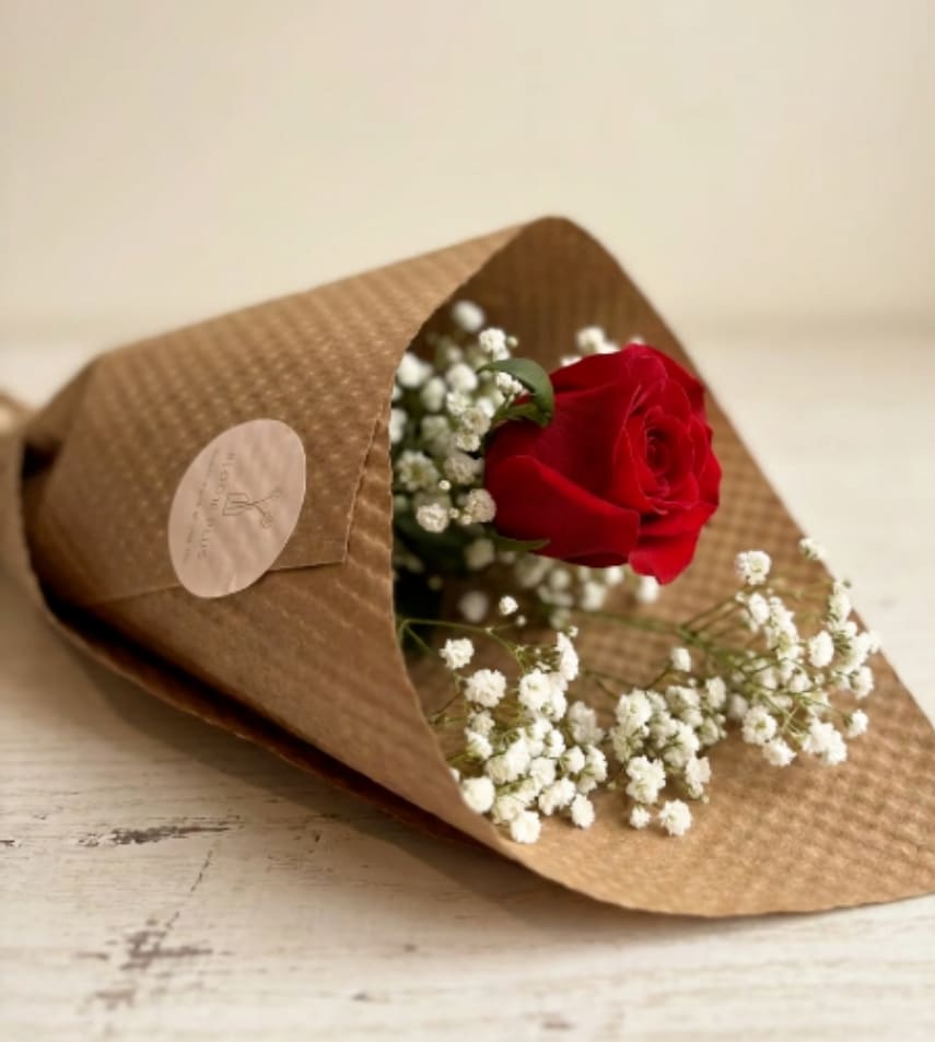 Single red rose wrapped in brown paper with white baby's breath