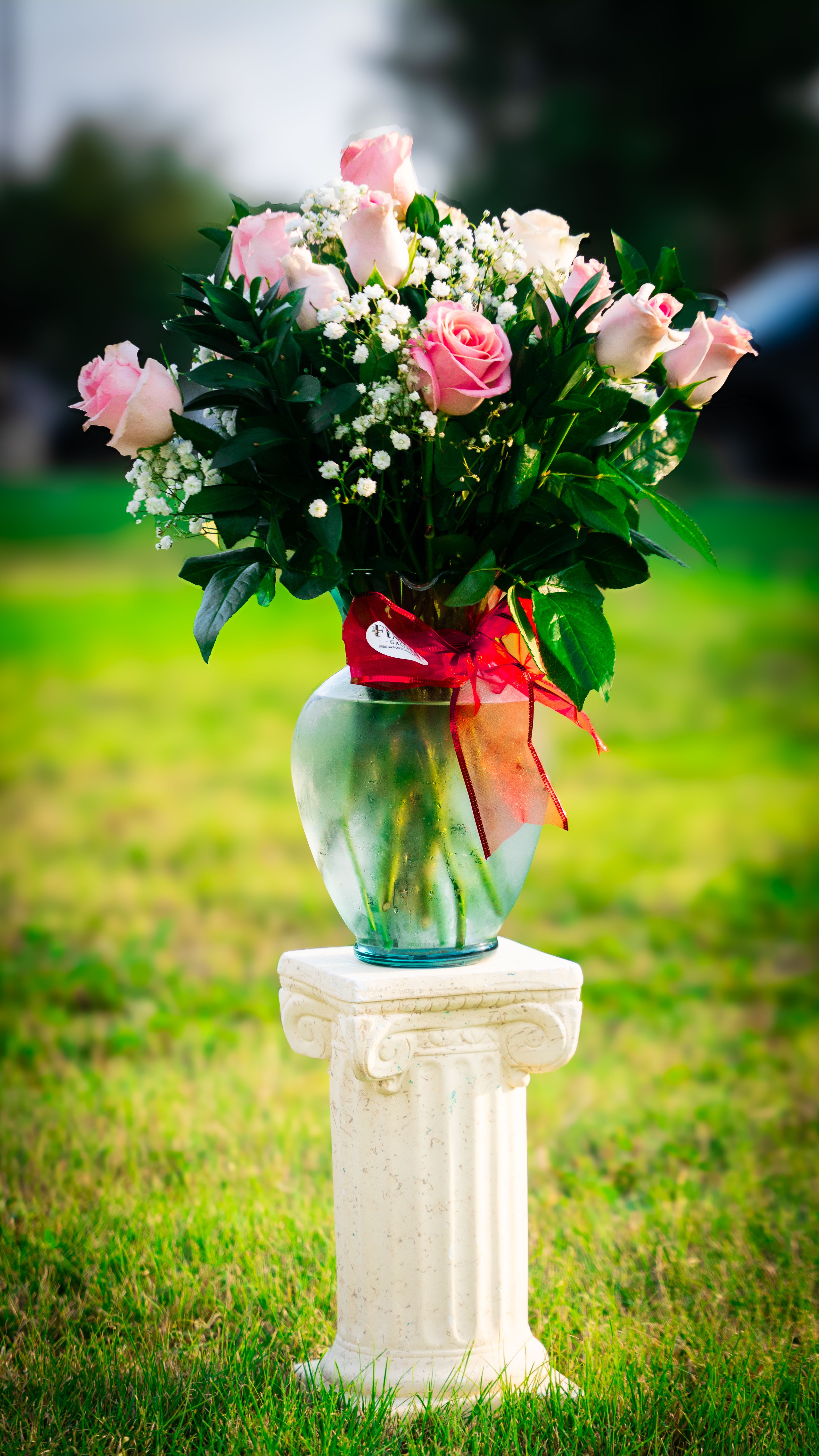 Blush Elegance - A graceful bouquet of soft pink roses and delicate baby’s breath, nestled in fresh greenery and gathered in a frosted glass vase with a romantic red ribbon. This arrangement radiates tenderness and timeless beauty — a perfect expression of gentle love, sweet admiration, or a soft whisper of affection.