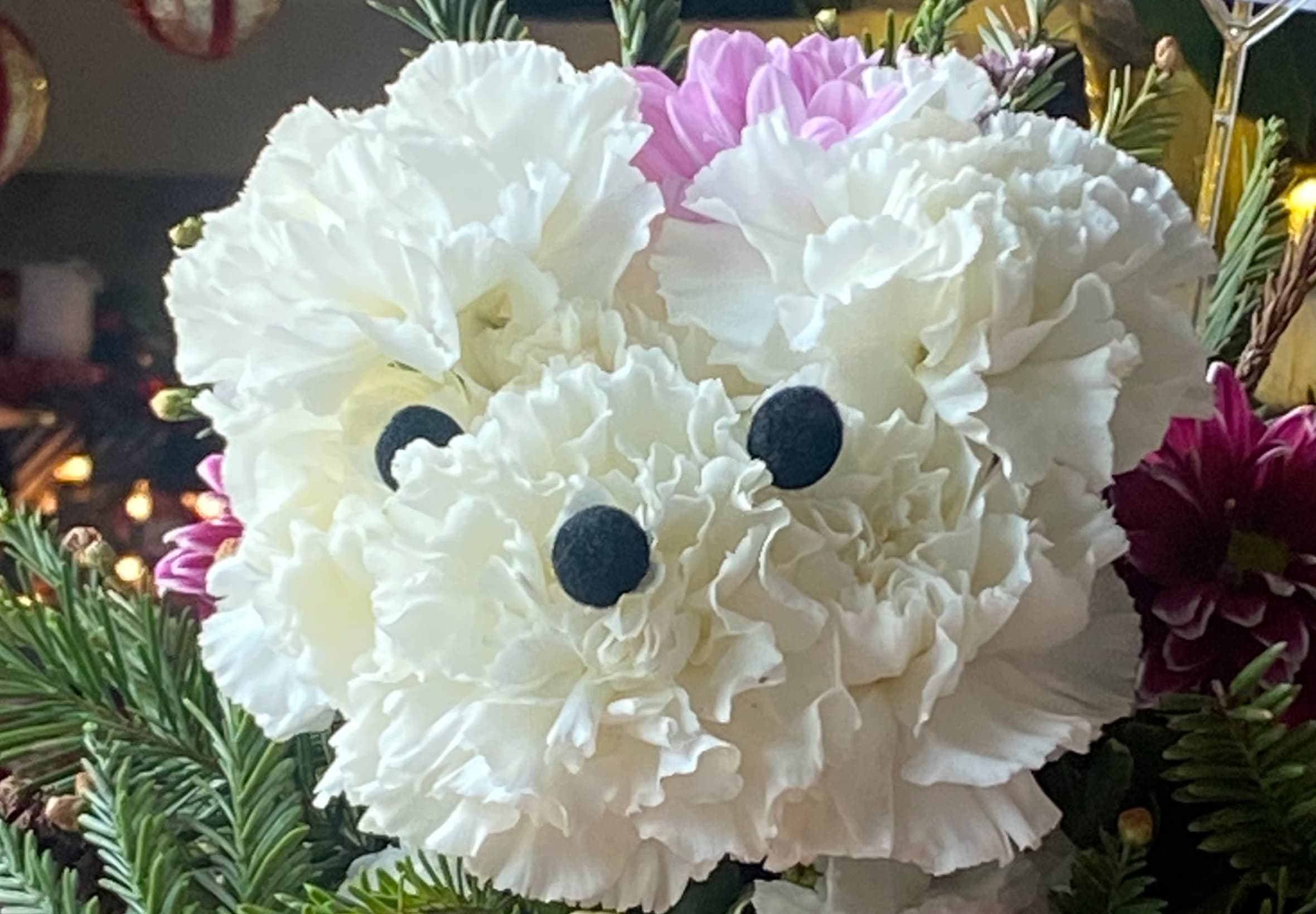 Puppy jumping out of the basket. - Fine and cute arrangement, on a Basket, forming a cute little puppy within a white carnations. Basket will be with roses, mi 