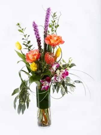 Everyday #14 - A bright and fun tropical arrangement using roses and protea.