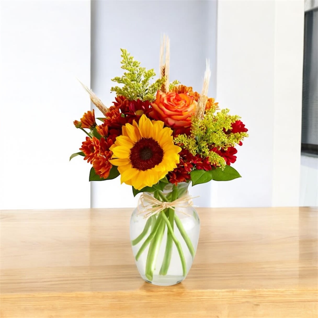 Sunflower and orange rose arrangement in a clear glass vase