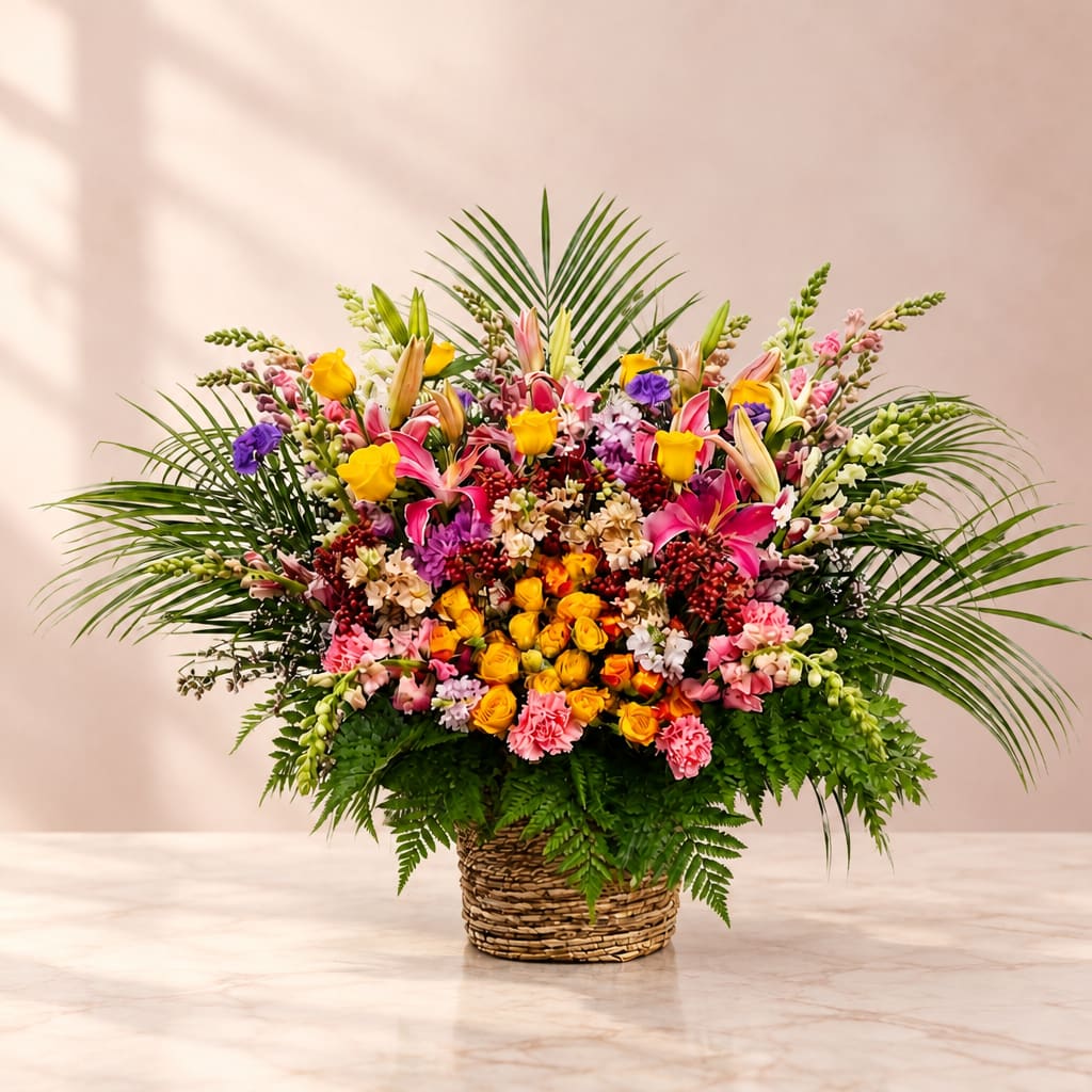 Colorful mixed flower arrangement in a woven basket