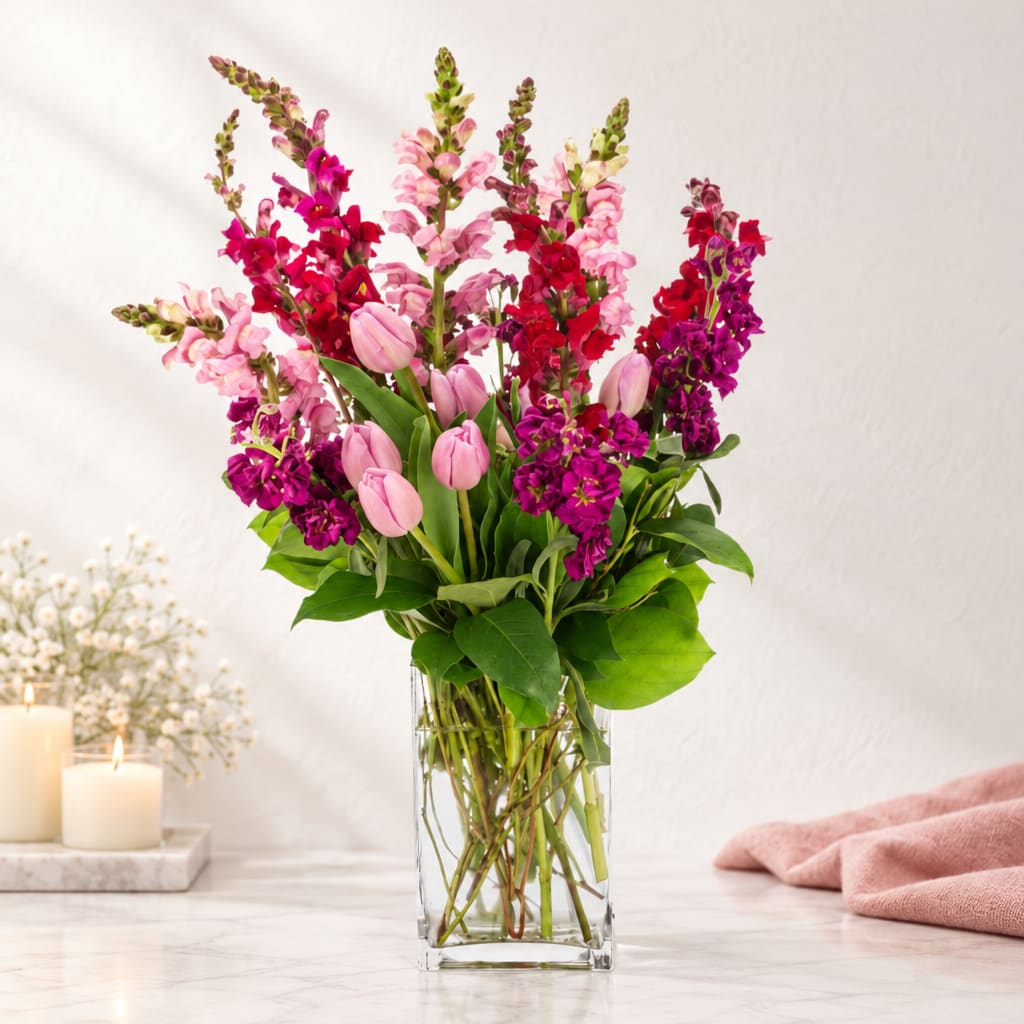 Pink and magenta flowers arranged in a clear glass vase