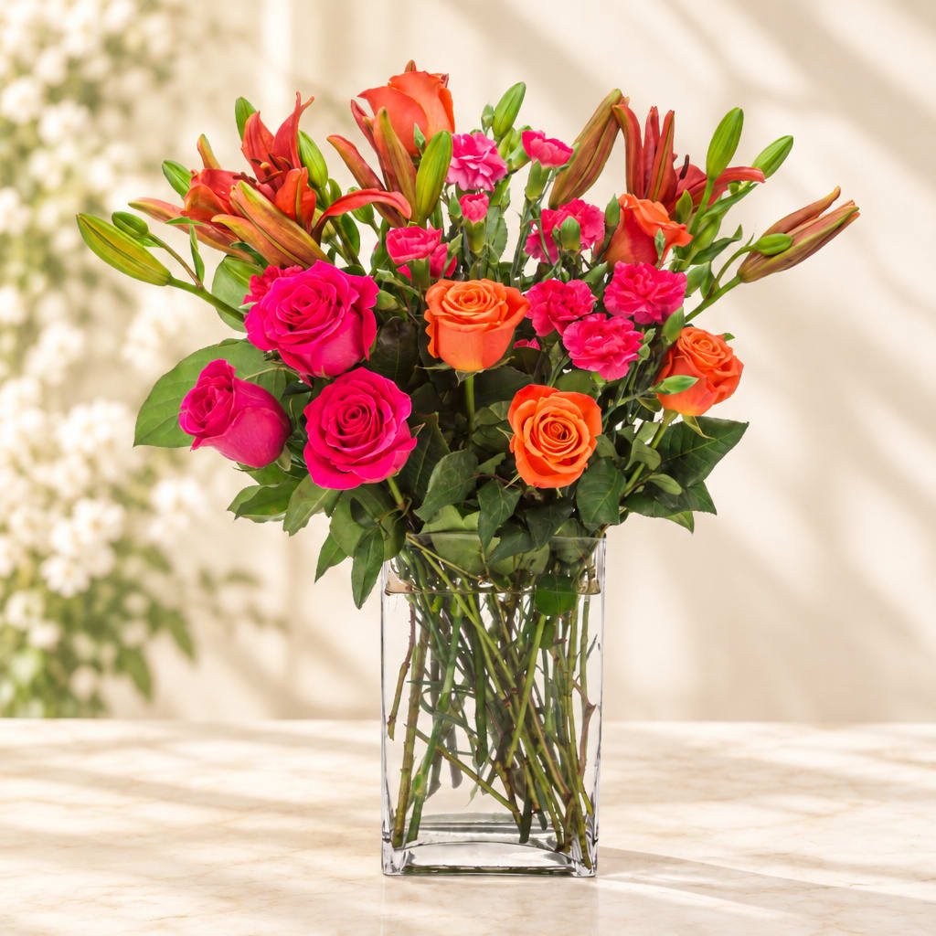 Bouquet of pink and orange roses with lilies in a clear glass vase