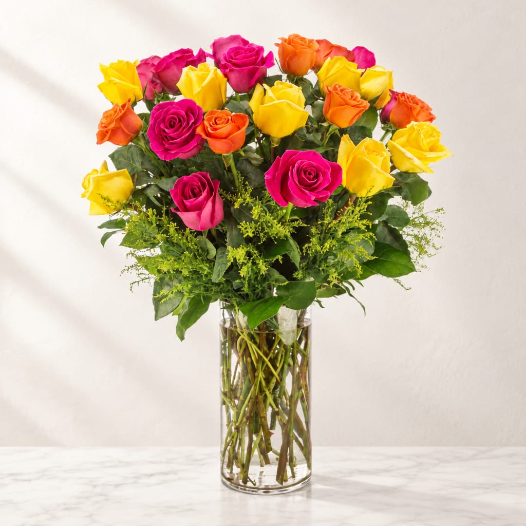 Bouquet of pink, yellow, and orange roses in a clear glass vase