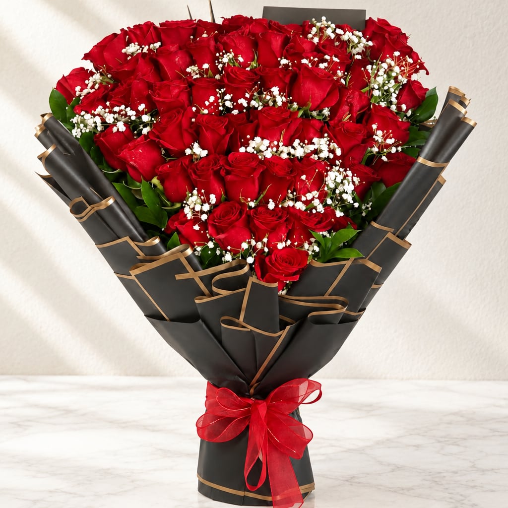 Bouquet of red roses with white baby's breath in black wrap and red ribbon