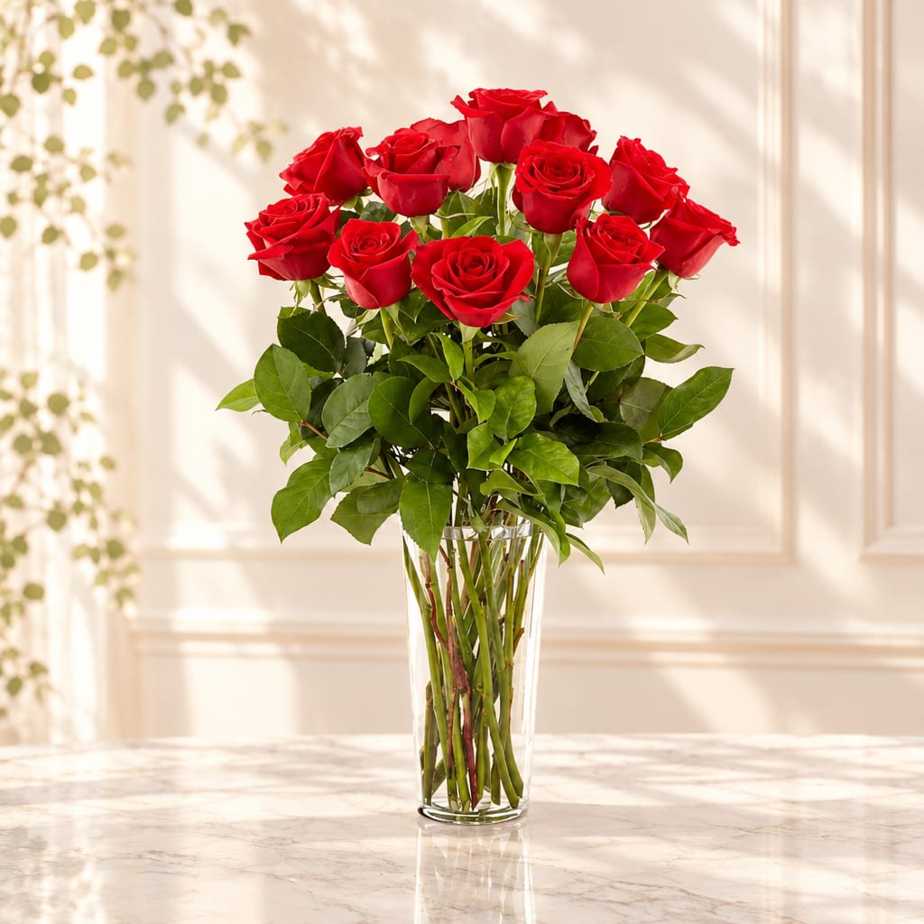 Bouquet of red roses in a clear glass vase