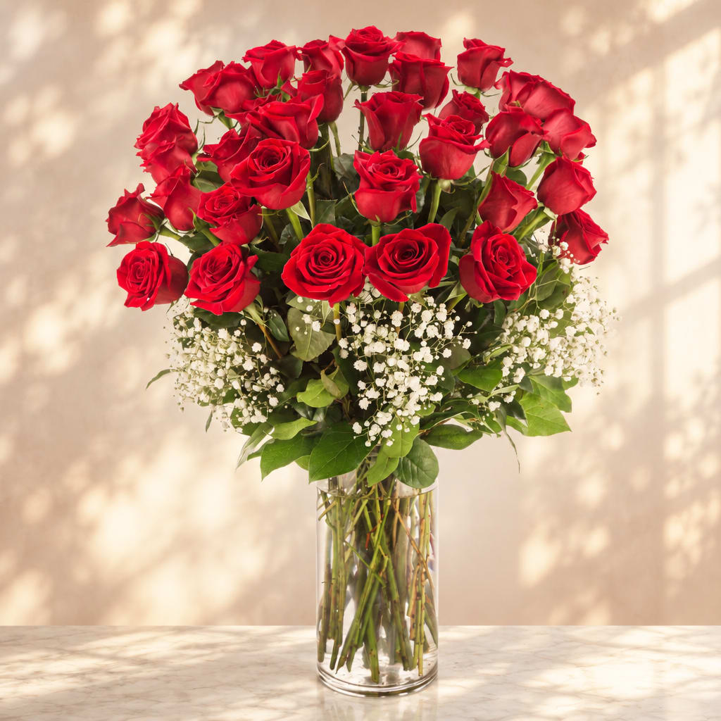 Red roses arranged in a clear glass vase with white filler flowers