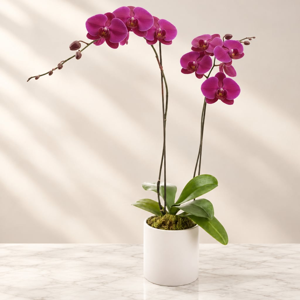 Potted magenta orchid with two arching stems in a white planter