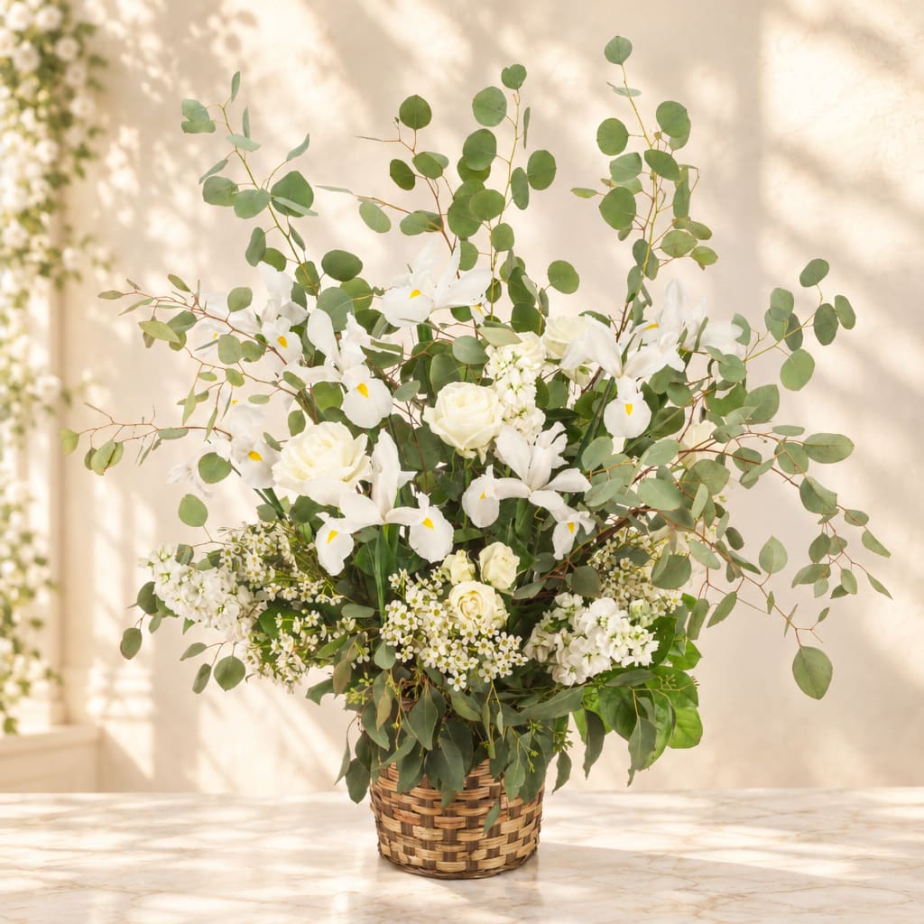 White flowers in a woven basket with tall eucalyptus branches