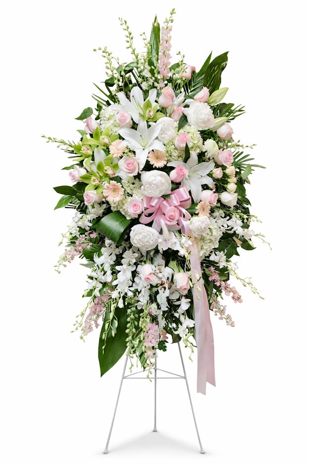 Garden of Peace Spray - An all white tribute, this funeral spray is pure and tranquil. Variety of white and pink flowers and green palms this elegant funeral spray brings a feeling of peace to it's surroundings Also we create Custom Banners with message.