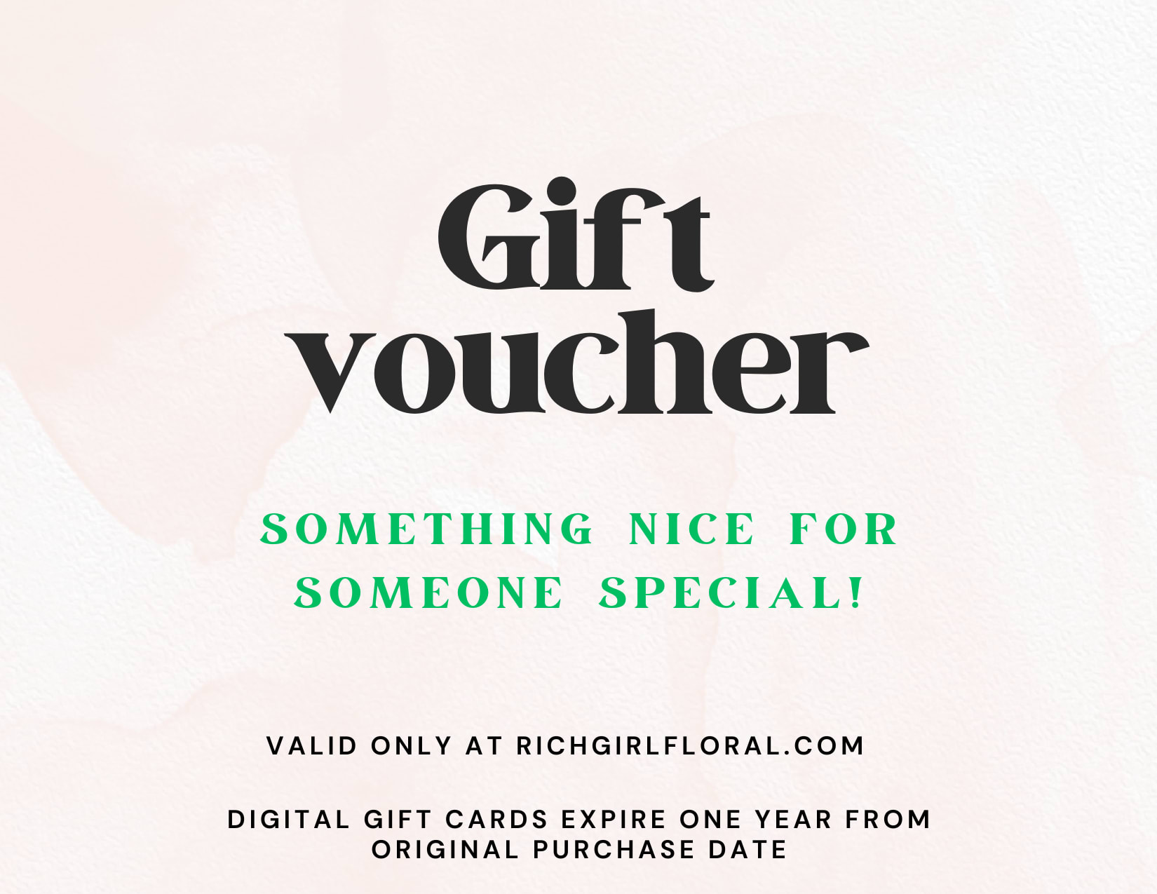 Digital gift voucher with bold text on a pale floral background
