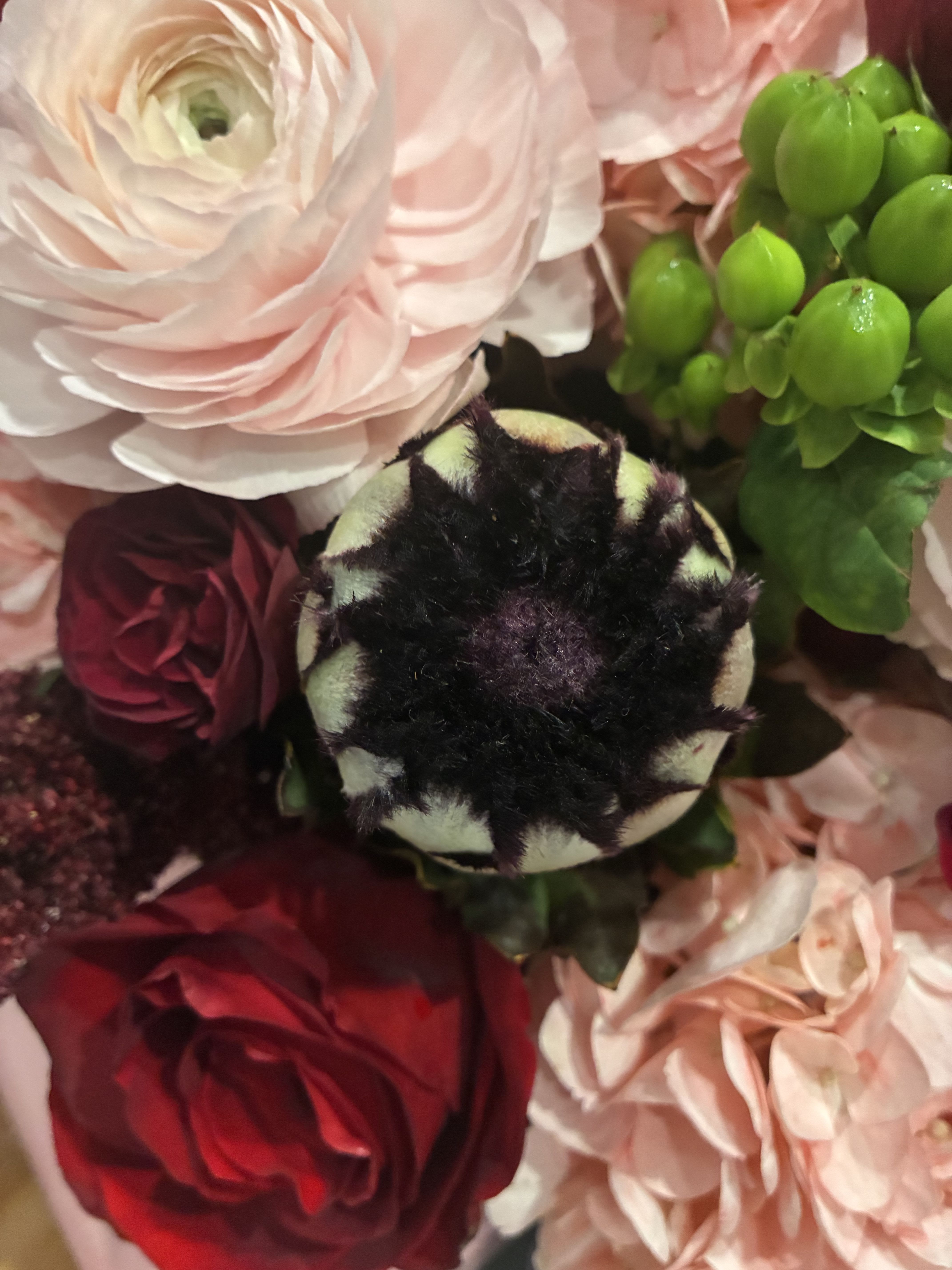 Close-up bouquet of pale pink and red flowers with a dark center bloom