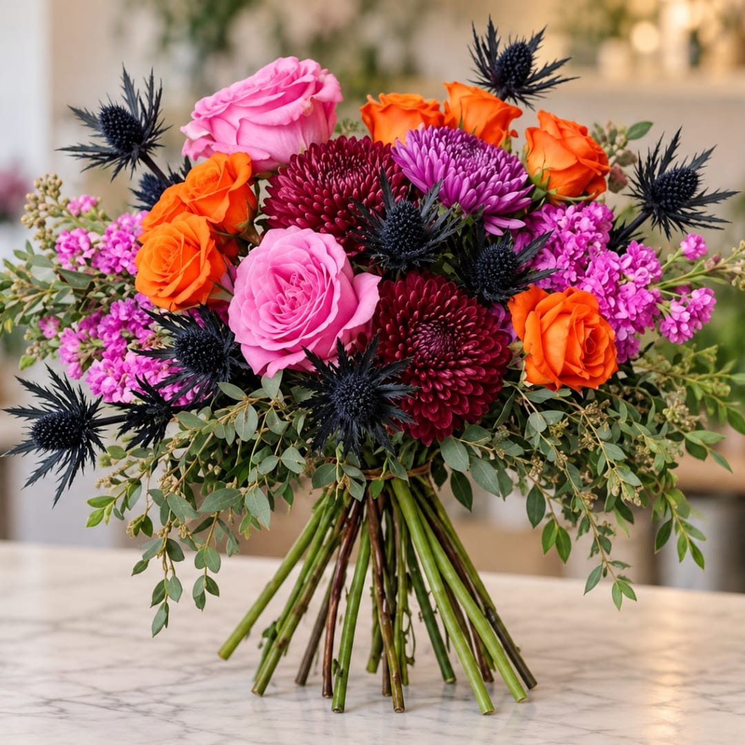 Bouquet of pink, orange, and purple flowers with dark thistle accents
