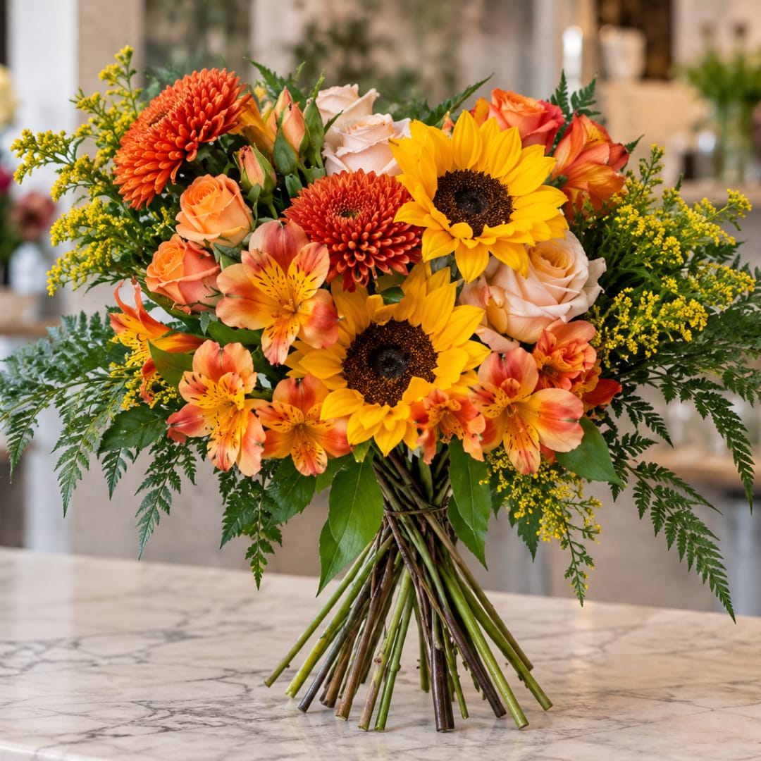 Bouquet of sunflowers, roses, and orange blooms tied with stems exposed