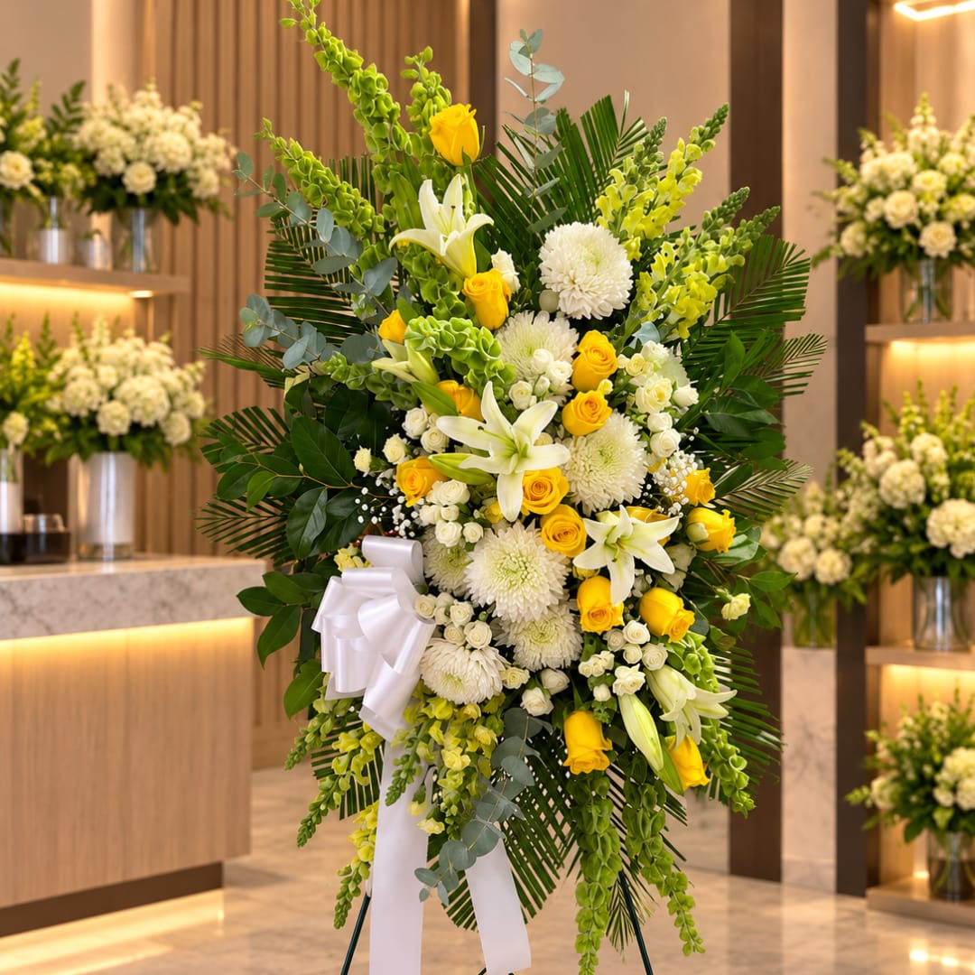 Tall yellow and white floral standing spray with a white ribbon