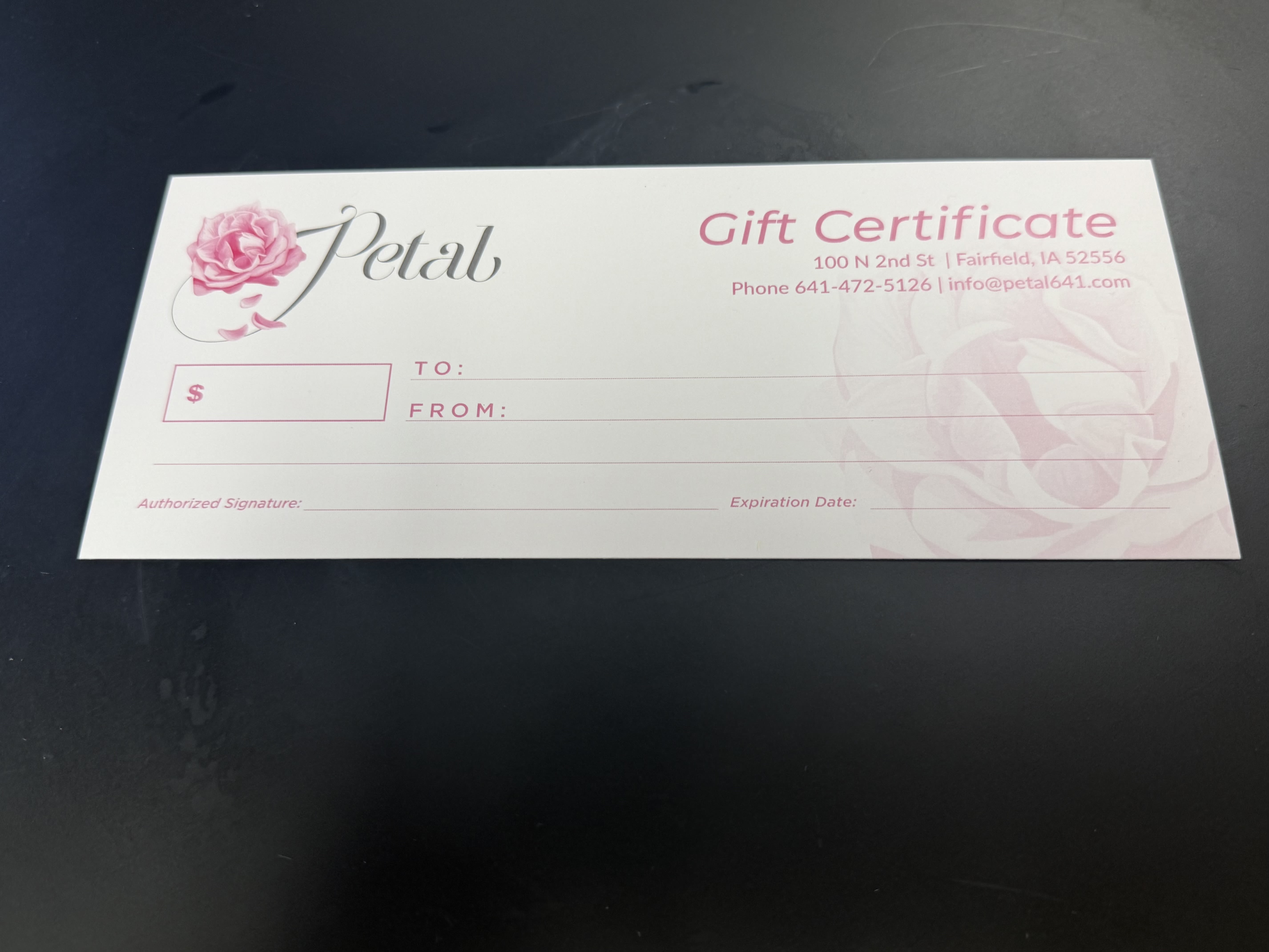 Pink floral gift certificate card with rose logo