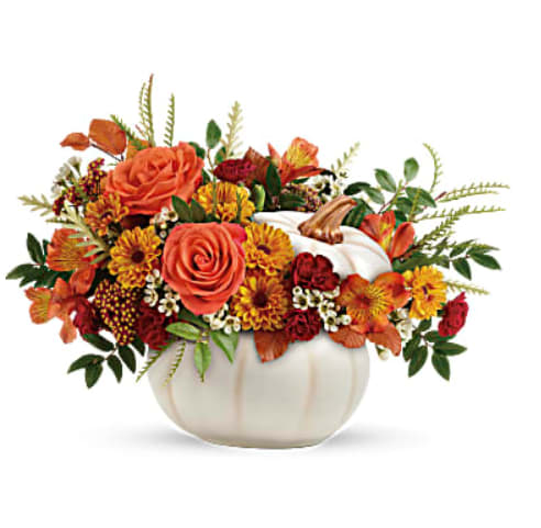 Enchanted Harvest Bouquet - Elegant Arrangement in a white pumpkin with orange roses, orange yellow alstroemeria, mini carnations red, chrysanthemums daisy viking yellow, waxflower white and some fall leaves